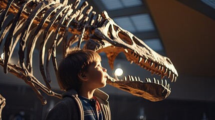 Fototapeta na wymiar A little boy in a paleontology museum looks curiously at a large dinosaur skeleton. A child on a field trip examines the bones of a fossilized animal.