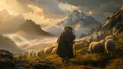 Fotobehang A shepherd guides his flock on a valley. © Keat