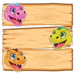 Foto op Plexiglas Three cartoon dinosaurs peeking from wooden signboard © GraphicsRF