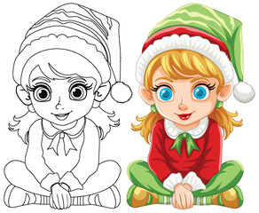 Vector illustration of an elf girl, colored and line art.