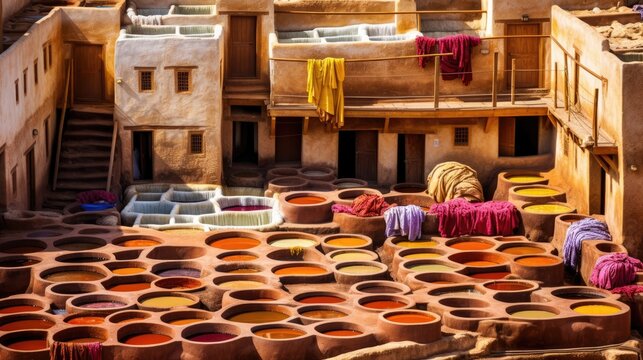 Traditional ancient leather processing techniques. Tannery with many stone vats filled with colorful dye.