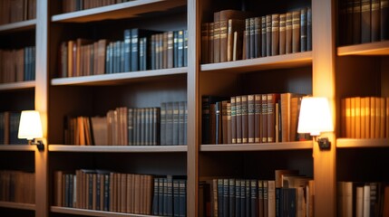 A cozy library illuminated by dim lights. Shelves with a variety of books, printed publications.
