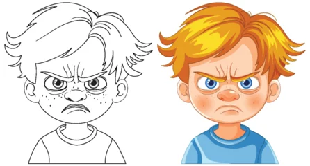 Foto op Plexiglas Two cartoon boys with angry facial expressions. © GraphicsRF