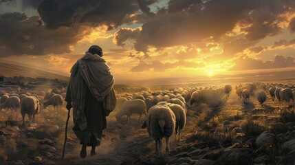A shepherd guides his flock on a valley.