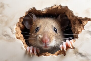 A mouse has gnawed a hole in a white wall and is peering out. A cute rodent looks out of the hole with curiosity.