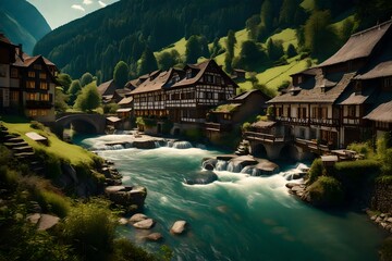 Swiss landscape with river stream and houses