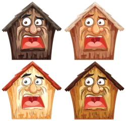 Foto op Plexiglas Four wooden houses with various facial expressions. © GraphicsRF
