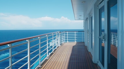 Cruise ship balcony with ocean and sky views. The deck of the passenger ship is brightly lit by the afternoon sun.
