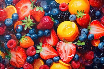 Fototapeta na wymiar Fruit and berry background: strawberries, raspberries, blackberries, blueberries and citrus slices. Each berry looks delicious and fresh for a healthy diet or making a delicious dessert