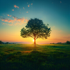 Fototapeta na wymiar World Environment Day concept Silhouette alone tree, generative Ai