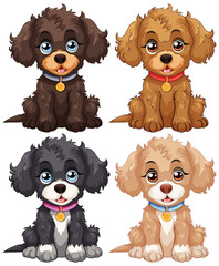 Four cute animated puppies with colorful collars