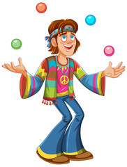 Cartoon hippie juggling balls with a joyful expression.