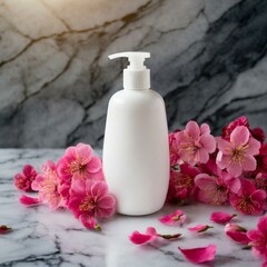 Blank Soap Bottle mockup on Marble Podium with Flowers