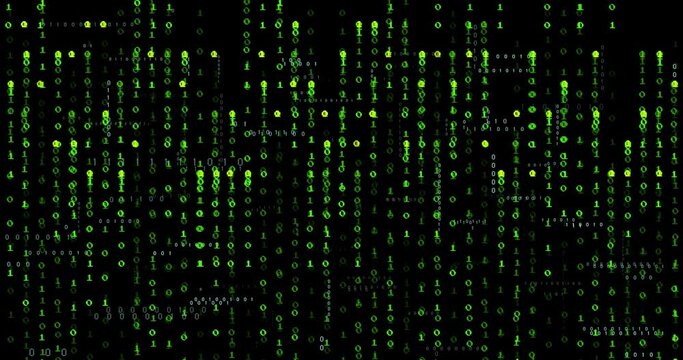 Animation of green lights and binary data processing on black background