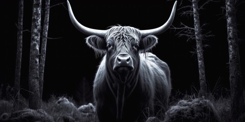 In the darkness, the silhouette of a majestic black bull emerges, its presence commanding attention against the black background - obrazy, fototapety, plakaty