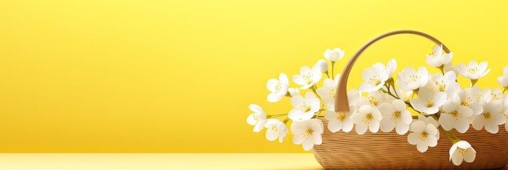 White Flowers in Wooden Basket on Yellow Spring Background - 3D Rendered Summer Concept