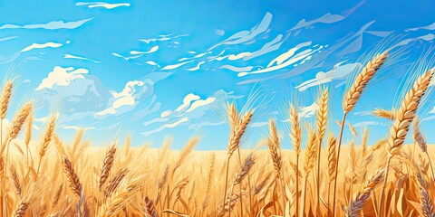 Fototapeta na wymiar Field of Ripe Wheat Against a Blue Sky. A Beautiful Illustration of Summer Sunlight on a Rural Farm
