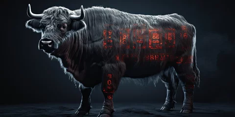 Foto auf Acrylglas Against a backdrop of darkness, the powerful profile of a black bull stands out, offering a dramatic contrast and space for text or imager © jambulart