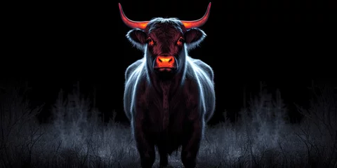 Gordijnen Against a backdrop of darkness, the powerful profile of a black bull stands out, offering a dramatic contrast and space for text or imager © jambulart