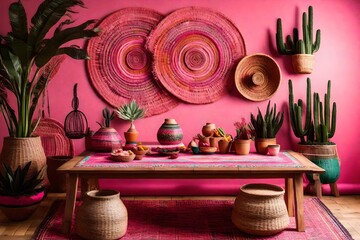 Mexican themed display with wooden table wicker mat and pink wall