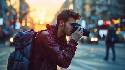 young man photographer takes photographs with dslr camera in a city. Travel, vacations, professional freelance.