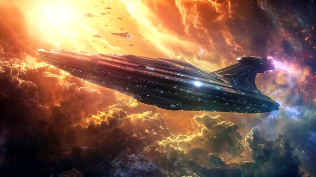 Scene of an alien spaceship shrouded in clouds, animated virtual repeating seamless 4k	