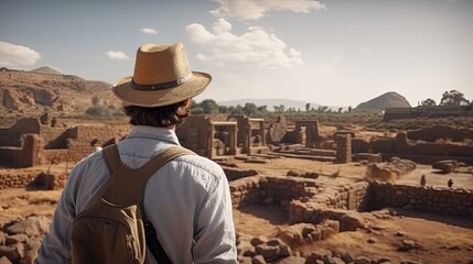A male archaeologist stands in front of the excavations of an ancient civilization in the desert. A traveler adventurer has found a secret lost city.