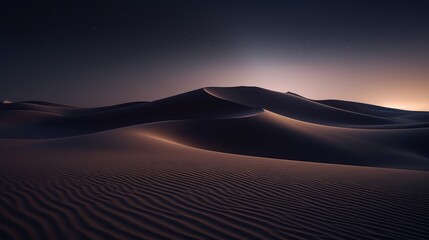 Sand dunes overlooking the sunset, sunrise. Desert at night under a starry sky. In the night sky galaxies and nebulae. Mystical, surreal background.