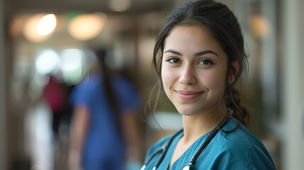 Young Hispanic nurse with blurry medical background, generative Ai