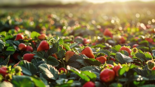Vast fields are filled with ripe strawberries that glisten in the sunlight. The red berries stand out against the green foliage.