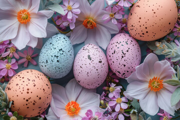 Obraz na płótnie Canvas A bunch of eggs with spots on them are surrounded by flowers. The eggs are of different colors, including pink, blue, and white
