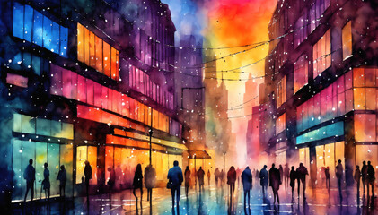 Rain-Soaked City Promenade Watercolor Art