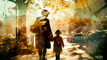 Conceptual photo with a double composition, a woman and little girl walking in the city