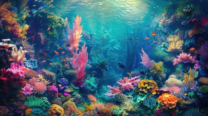 Naklejka na ściany i meble Underwater coral reef scene Brightly colored, diverse marine life showcases the beauty and diversity of marine life. underwater photography