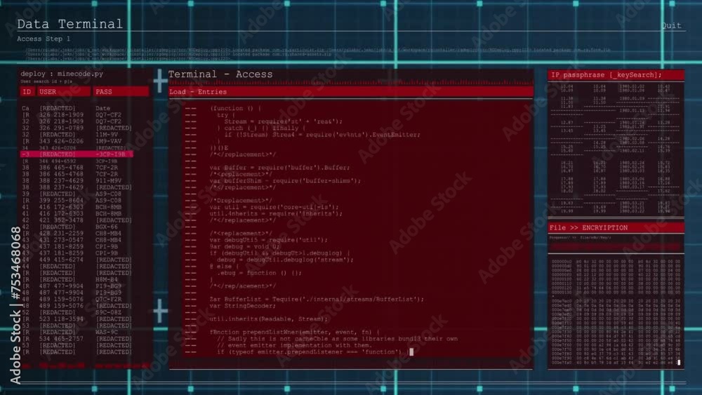Poster animation of digital data processing over screens on dark background