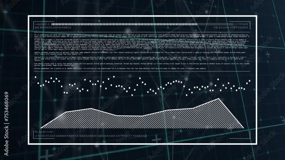 Poster animation of digital data processing over grid on dark background