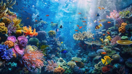 Underwater coral reef scene Brightly colored, diverse marine life showcases the beauty and diversity of marine life. underwater photography