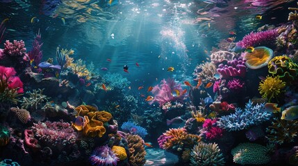 Underwater coral reef scene Brightly colored, diverse marine life showcases the beauty and diversity of marine life. underwater photography