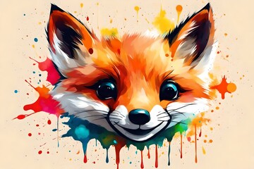 illustration of smiley face of animal with color splash oil painting style, cute fox cub
