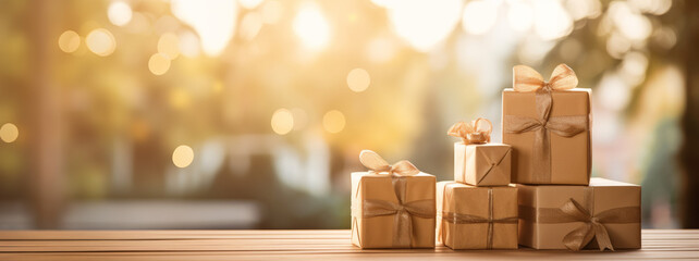 Golden hour glow on elegantly wrapped gifts, symbolizing warmth and the joy of giving