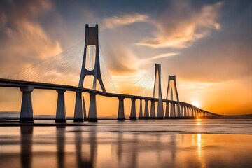Vasco Da Gama bridge over Tagus River against sky during sunset