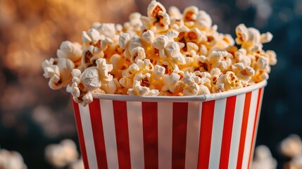 Close-up of a red and white striped popcorn cup with lots of popcorn.