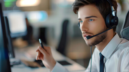 professional call center operators communicate with customers - obrazy, fototapety, plakaty