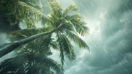 Coconut trees blown by strong winds in a tropical storm under an overcast sky, natural disaster concept.