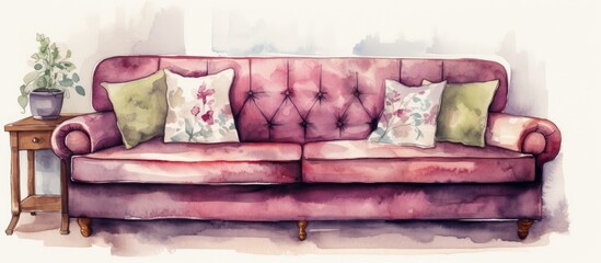 Sofa illustration in watercolor style for interior design branding