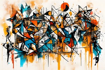 Geometric abstract shape dancing rhythm people street graffiti. Art wall paint drawing oil ink...