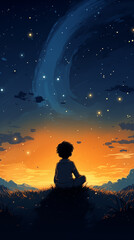 Fototapeta na wymiar Beautiful watercolor illustration of children sitting on the grass and watching the stars at night 