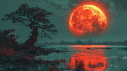 A strange lake under the red moon
