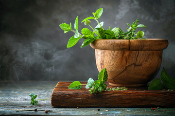 Wooden mortar with  fresh and fragrant in herbs  gray dark background.  banner  with a big empty space    dark background