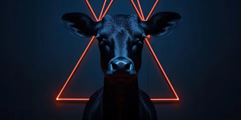 Afwasbaar fotobehang In the shadows, a portrait reveals the regal profile of a black bull, its form highlighted against the black background, leaving room for text or design element © jambulart